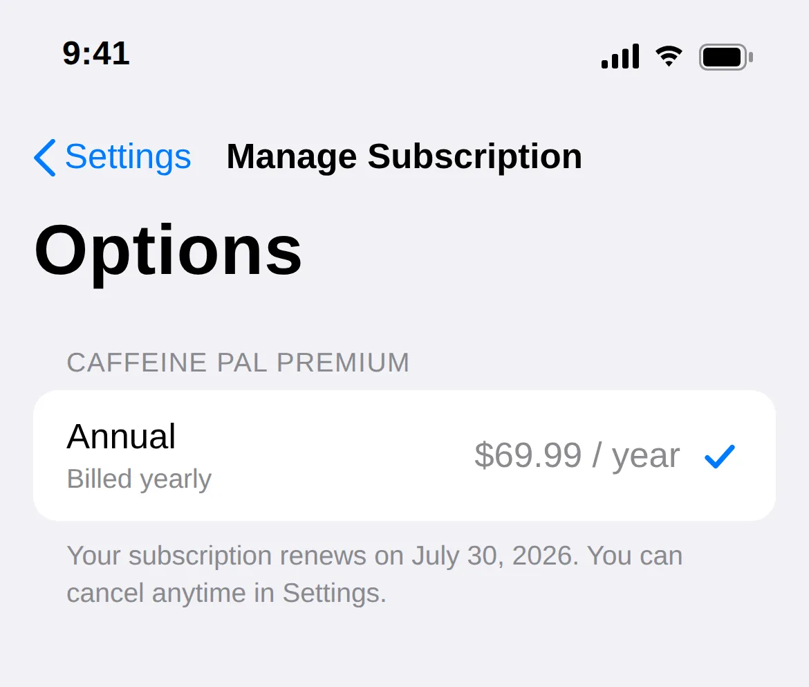 A clean iOS Manage Subscription screen showing a single Annual plan at $69.99/year selected with a checkmark