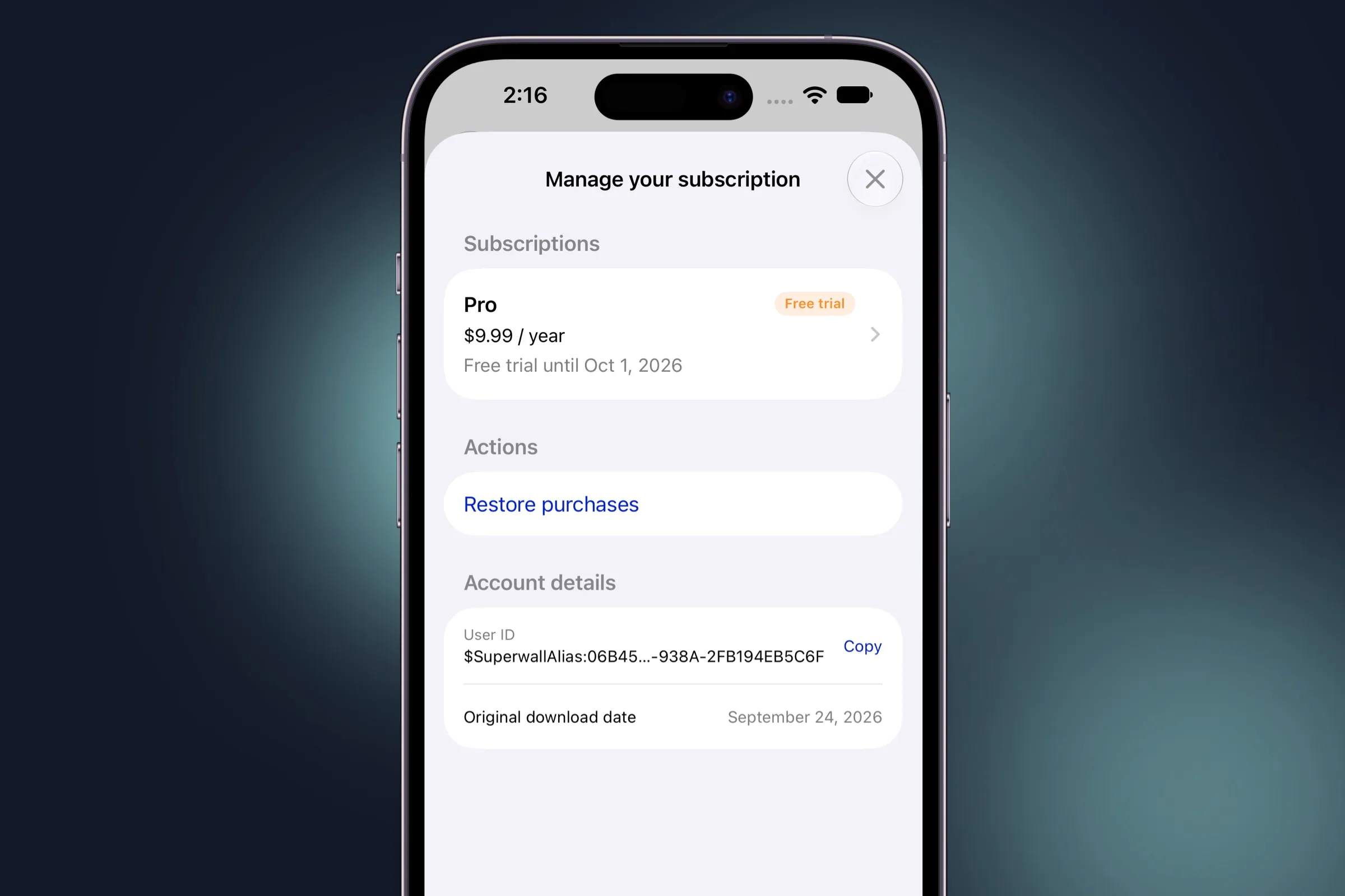 Customer Center's Manage your subscription screen, showing a Pro subscription in a free trial, a Restore purchases button, and account details.