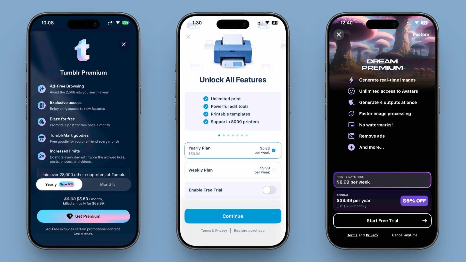 Examples of mobile app paywalls with value stacks, showing different subscription plans, pricing options, and trial configurations.