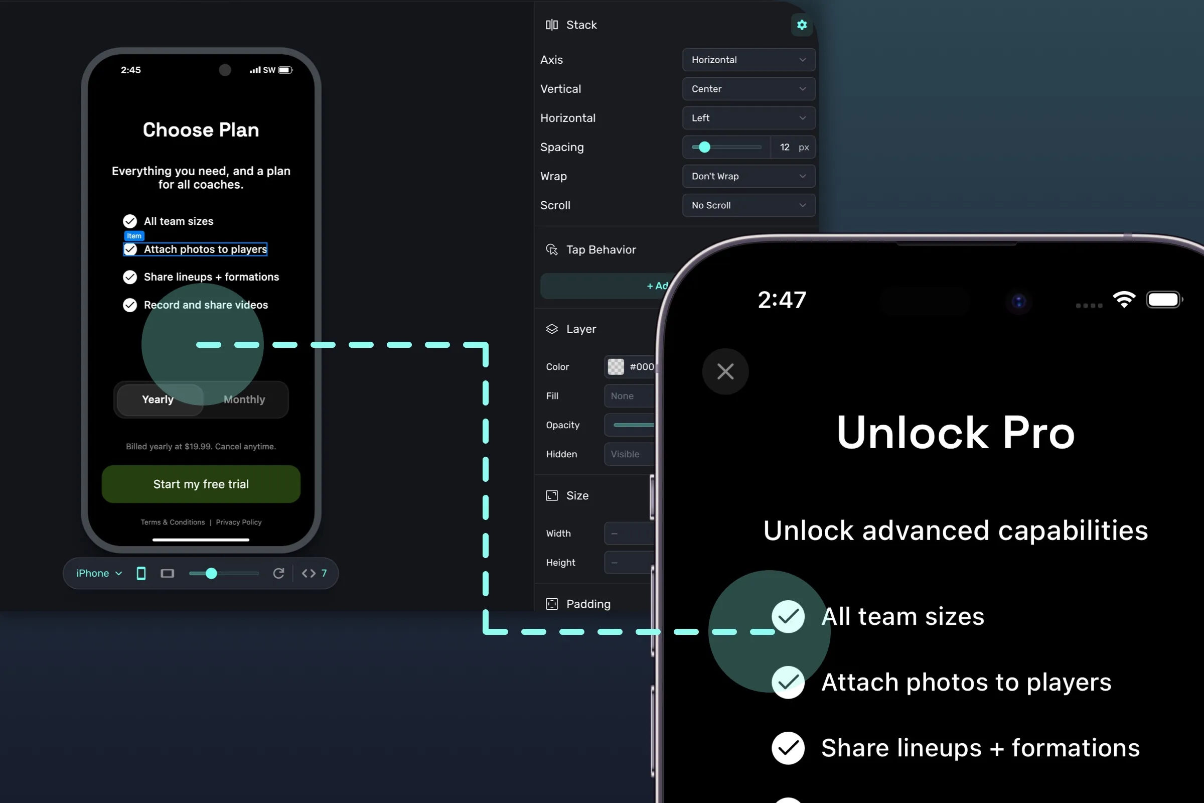 A paywall design in Superwall's editor matched side by side with the same paywall rendered in an app.