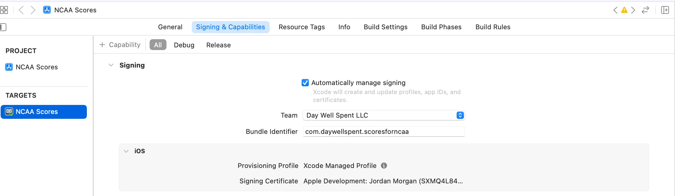 The developer team associated to a developer account selected in Xcode
