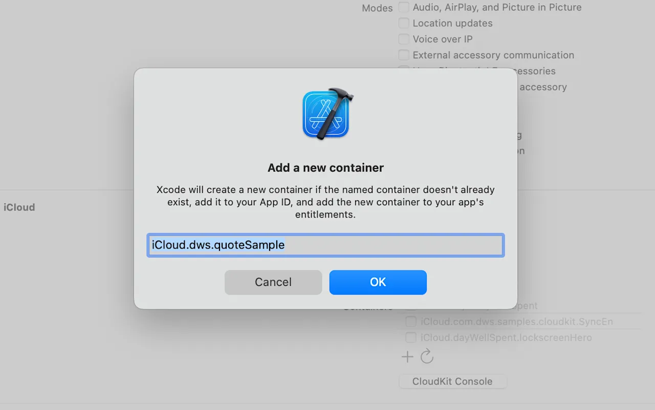 Screenshot showing CloudKit container setup in Xcode