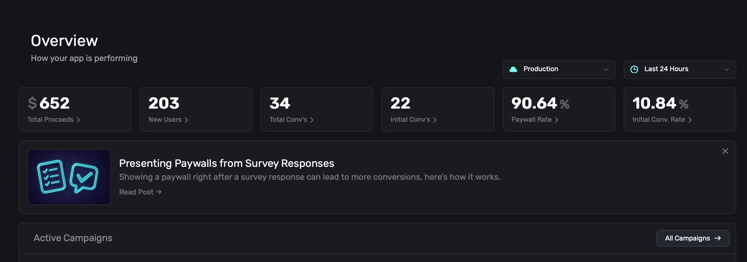 Superwall's Overview metrics are now available on Android.