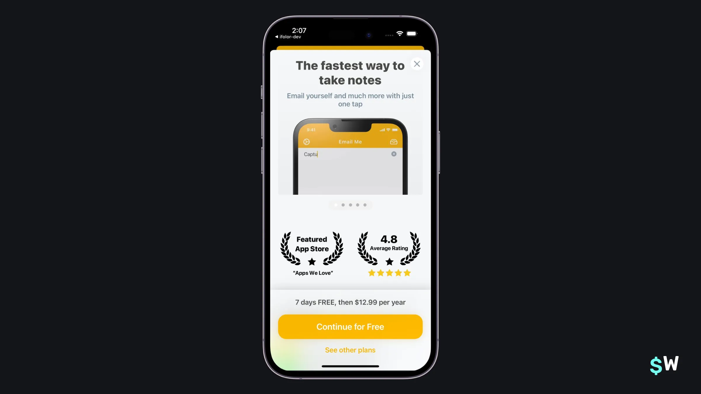 Email Me paywall highlighting an Apple feature and high rating