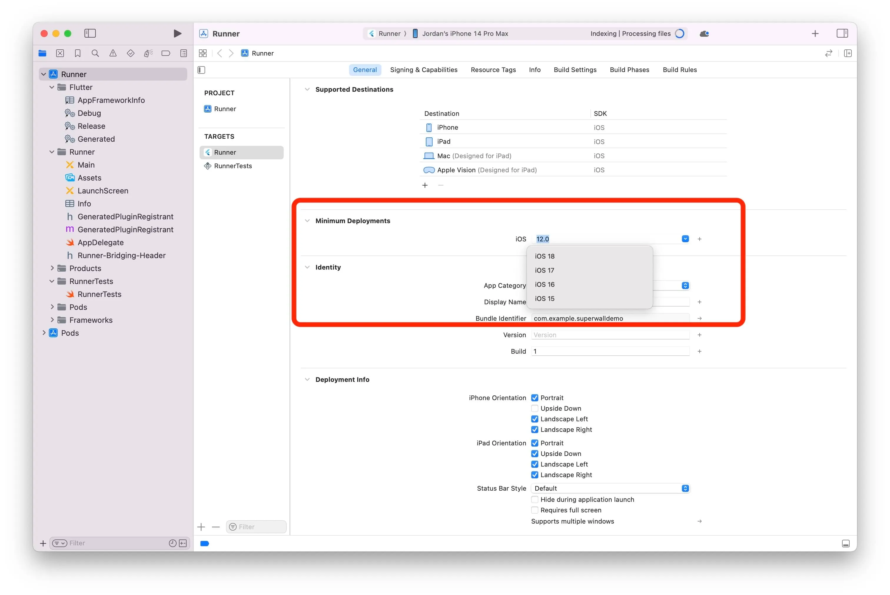 Setting the minimum deployment target in Xcode for a Flutter project.