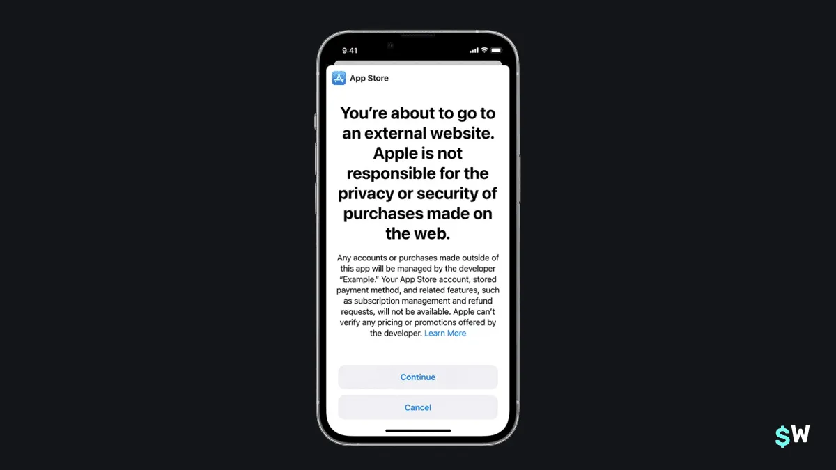 Apple's required modal warning that must be presented before navigating to an external payment page