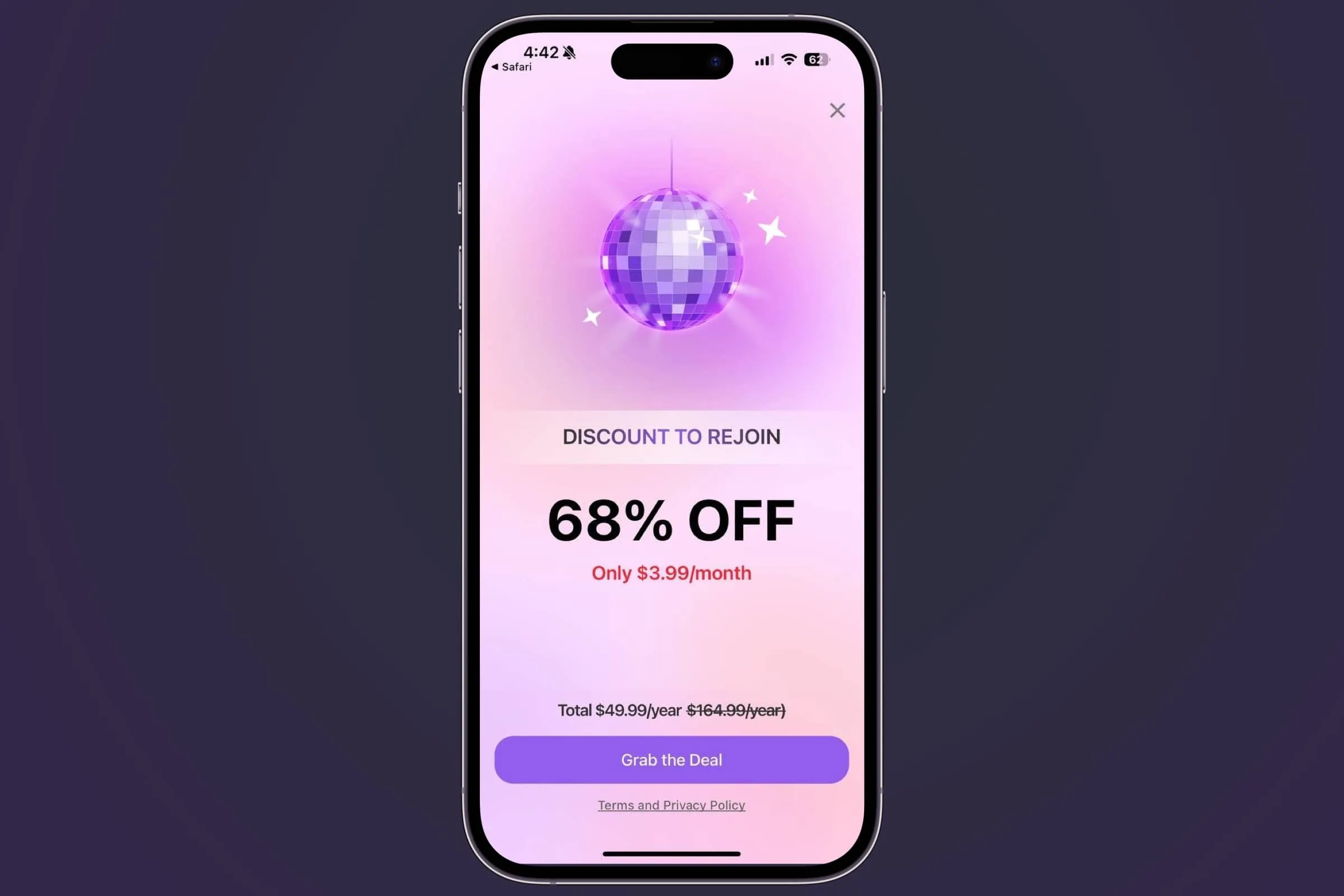 A discount offer presented alongside a request to update payment information.