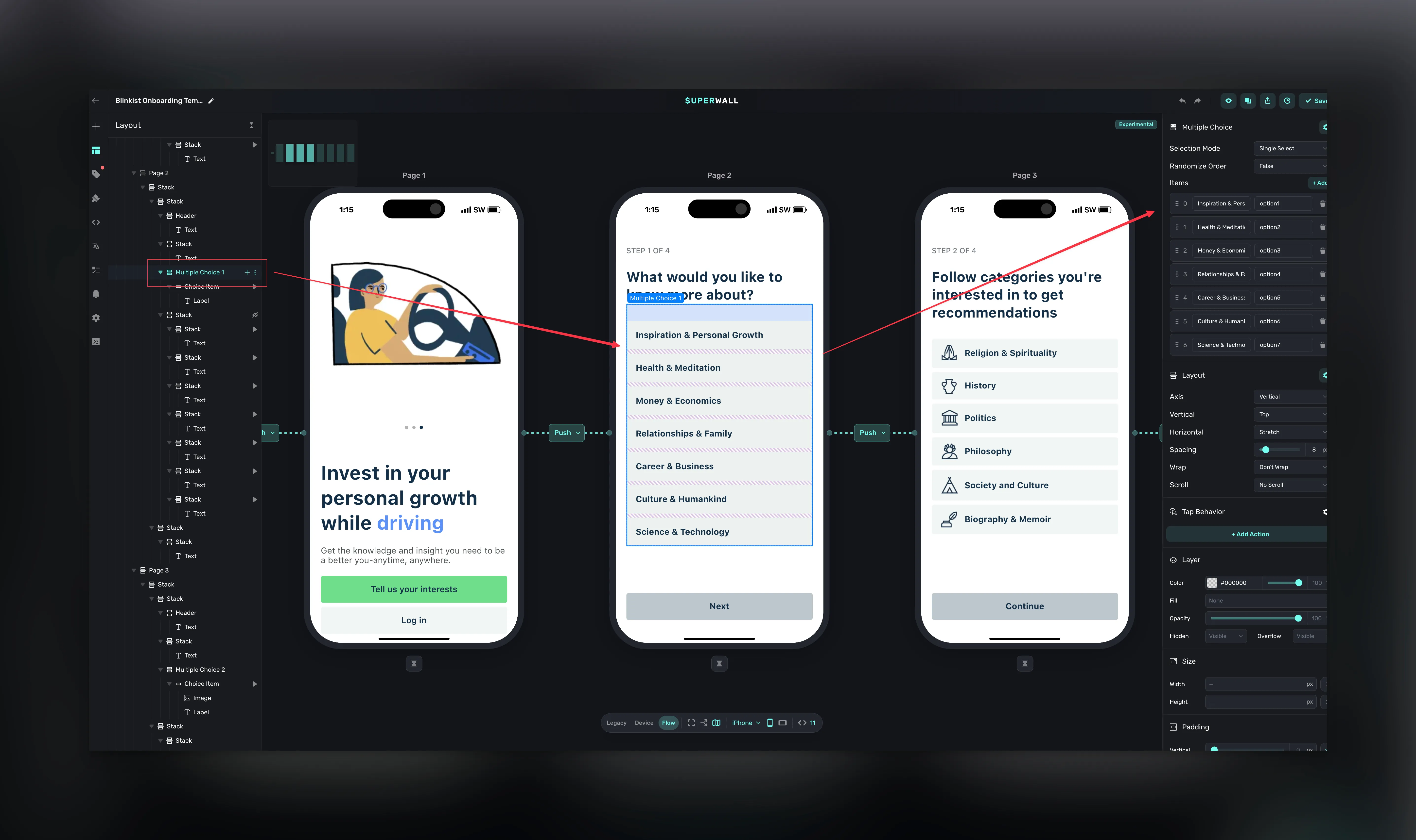 Multiple choice elements let you branch off choices, store selections, and more.