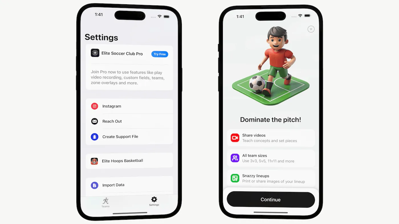 A soccer app paywall shown when tapping the Try Free button
