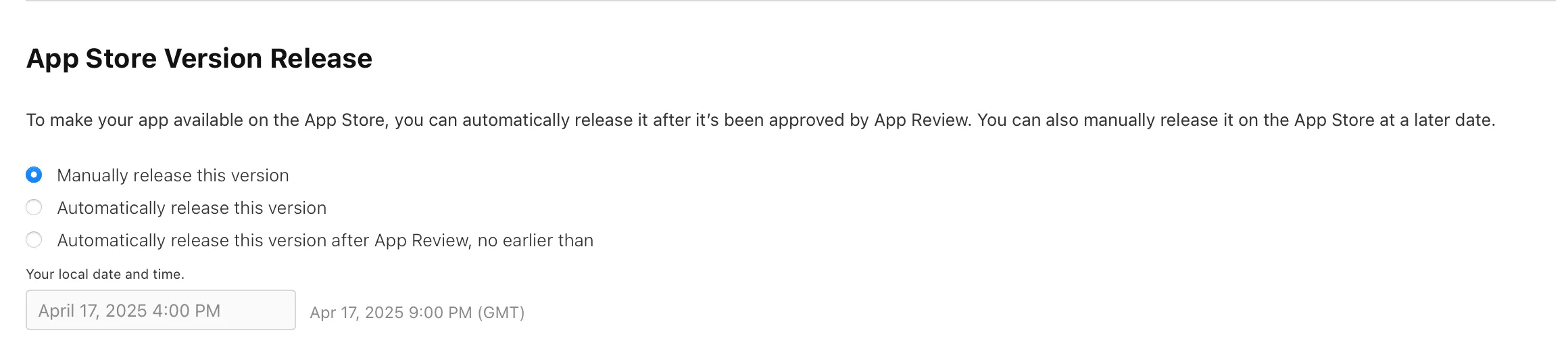 Release date options when shipping to the App Store