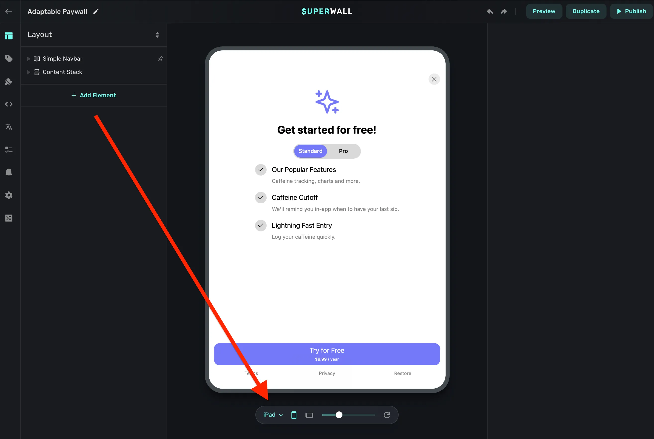 Use the device toggle to view paywalls on an iPad
