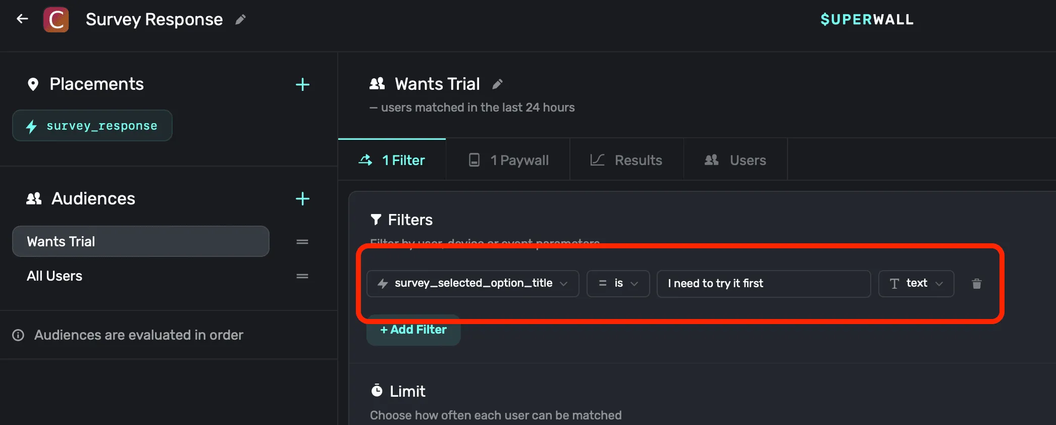 A campaign filter matching survey_selected_option_title to a specific survey response