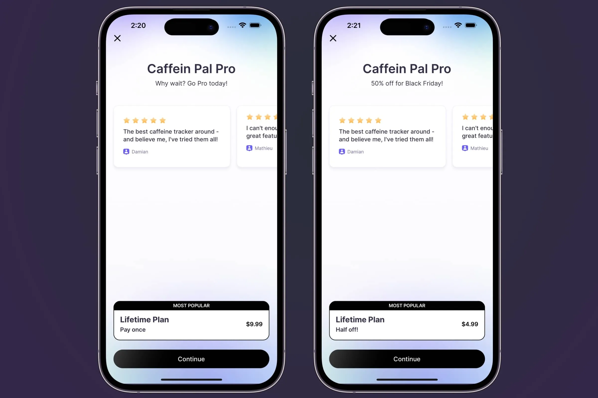 Two nearly identical paywall designs side by side