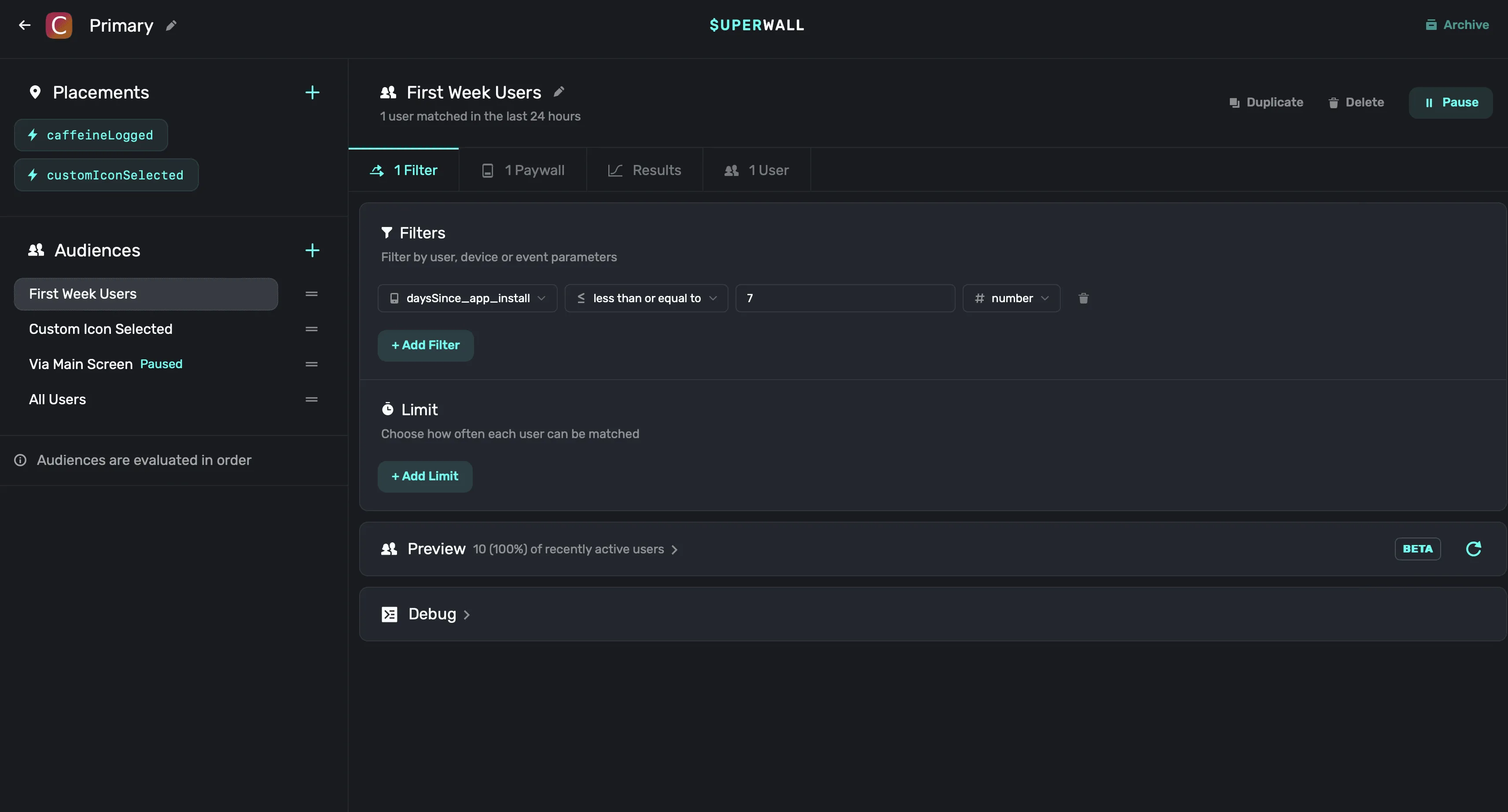 A Superwall campaign audience filter matching users who installed in the last week