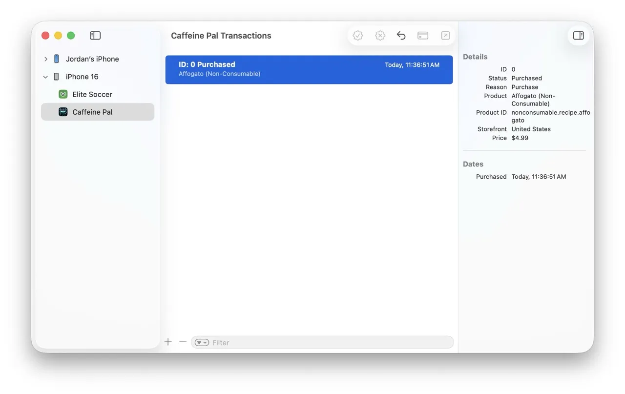 A consumable in-app purchase showing in the Transaction Manager