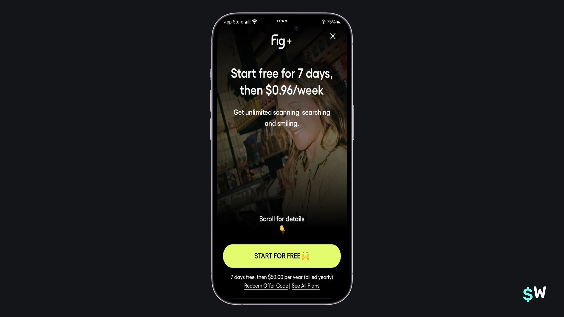 Fig paywall stating trial terms and a single-sentence benefit