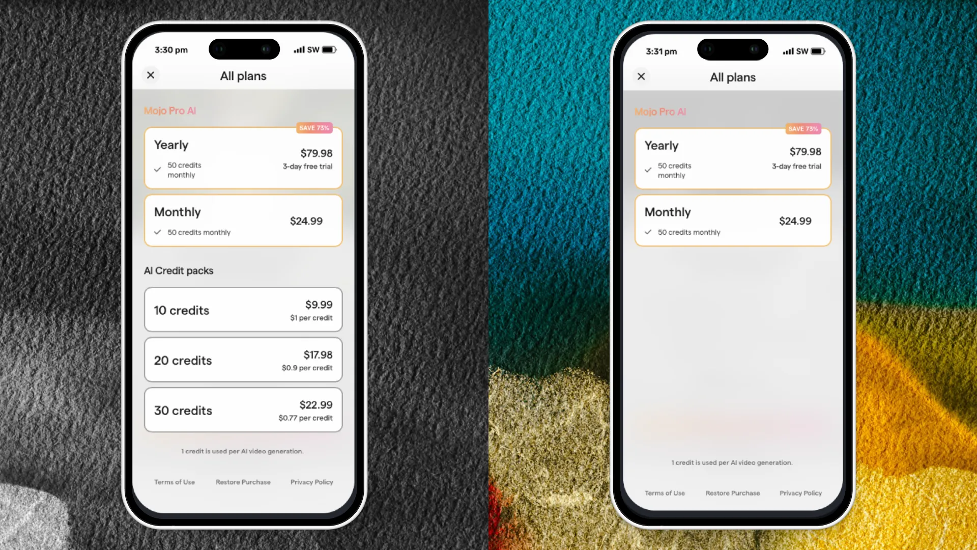 Paywall A with AI credit packs shown next to Paywall B with credit packs hidden, subscription plans only