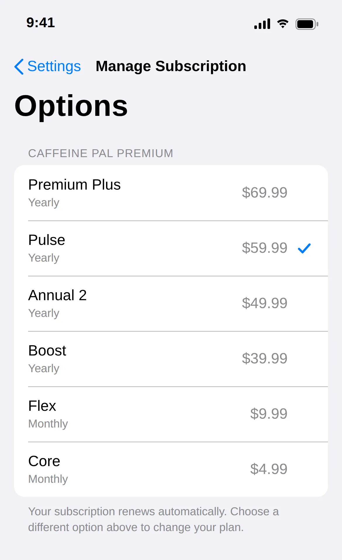 iOS Manage Subscription screen listing six near-identical plans with tier-sounding names like Premium Plus, Pulse, Boost, Flex, and Core, one selected with a blue checkmark